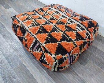 Amazing Vintage Boujaad pouf ,Colorful Berber Pouf ,Hand knotted old Pouf ,Unique Boujaad pouf -Orange old Pouf -Beniourain Amazing pouf