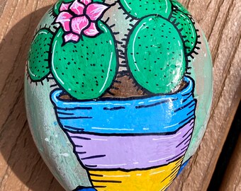 Art original peint à la main de cactus de Floweres lunatique grande pierre OOAK de roche