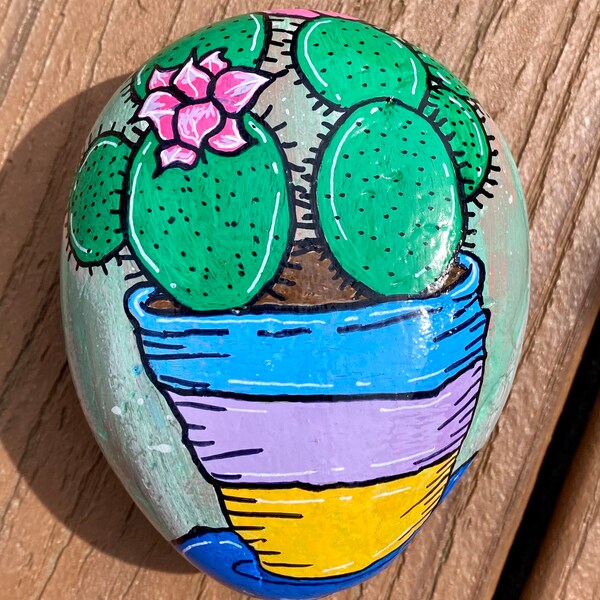 Whimsical Floweres Cactus Hand Painted Rock Large Stone OOAK Original Art