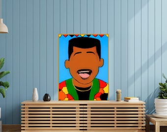 May include: A digital illustration of a cartoon character with a large smile and a gold chain. The character is wearing a colorful shirt with a blue background. The illustration is framed in gold.