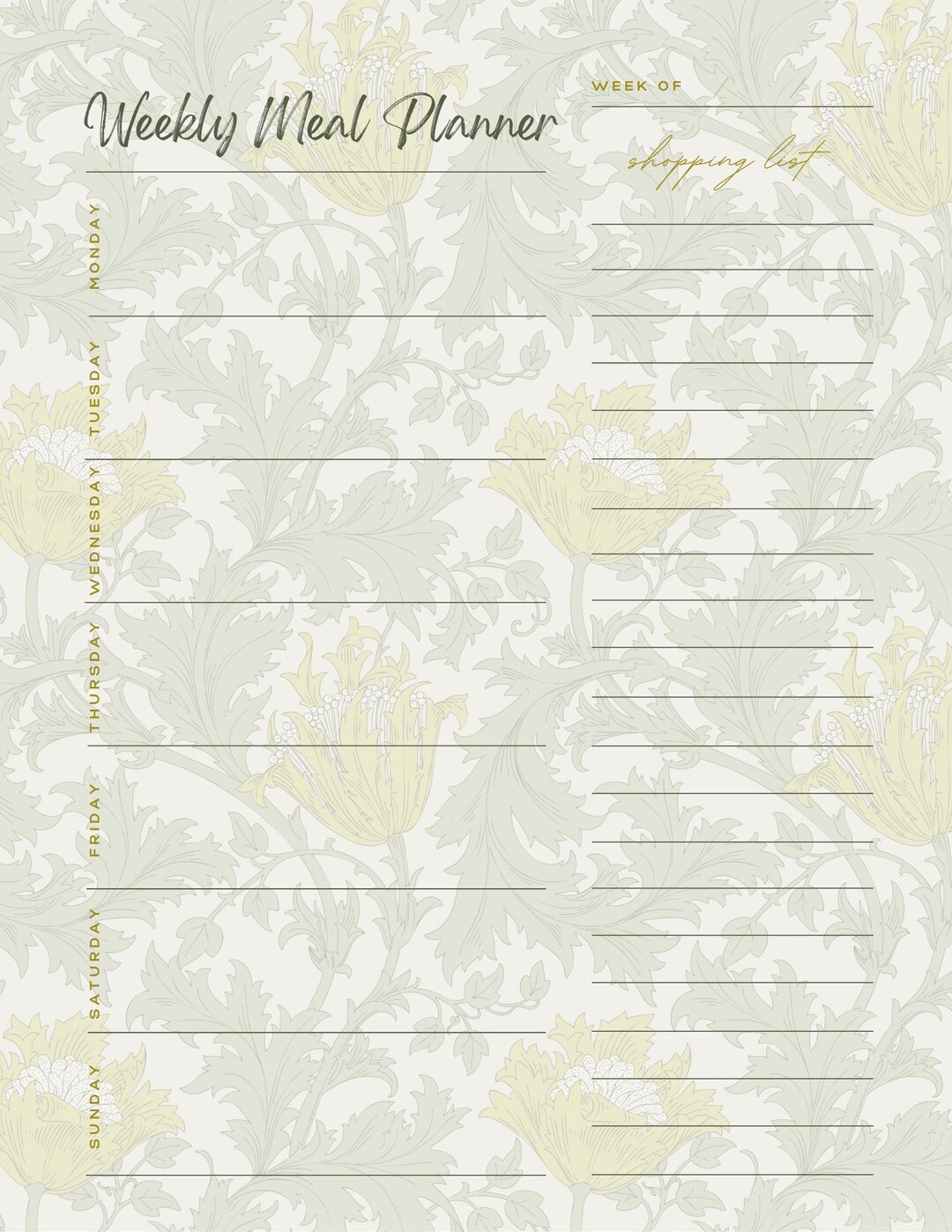 Printable Weekly Meal Planner - English Floral Design - Etsy