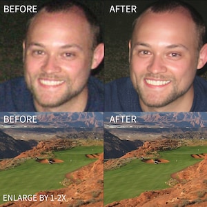 May include: Before and after image showing the difference in image quality. The before image is blurry and pixelated, while the after image is clear and sharp. The image shows a man smiling and a golf course in the background.