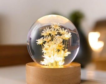 3D Preserved Daisy Lamp | Resin Flower Gift | Home Decor Flower Ornament | Crystal Ball LED Lamp