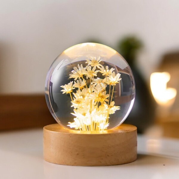 3D erhaltene Daisy Lampe | Harz Blumen Geschenk | Wohnkultur Blumenornament | Kristallkugel-LED-Lampe