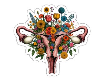 May include: A colorful illustration of a uterus with flowers growing out of it. The flowers are in various colors, including red, yellow, pink, and blue. The uterus is pink and has a detailed anatomical illustration. The text "CERVIX/MEN" is written on the bottom of the uterus.