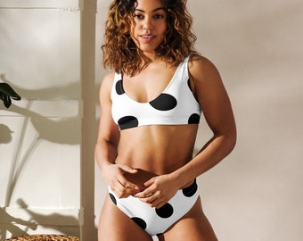 Bikini taille haute recyclé noir et blanc à pois