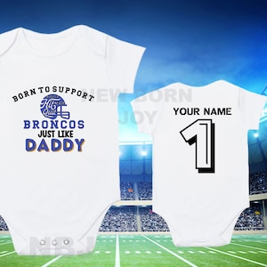 Personalized baby clothing, Cute and soft football inspired sleepsuit, personalized broncos football vest for babies newborn, newborn gift.