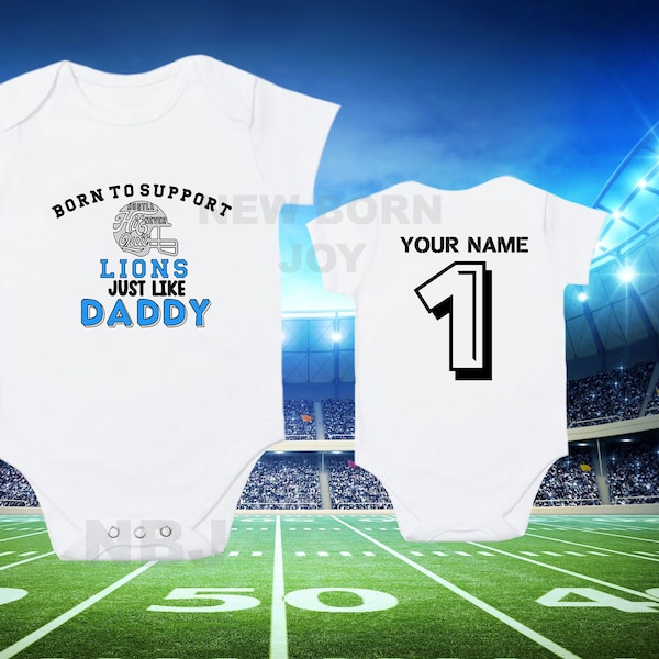 Personalized baby clothing, Cute and soft football inspired sleepsuit, personalized lions football vest for babies newborn gift.