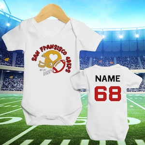 Personalized baby clothing, Cute and soft football inspired sleepsuit, personalized 49er football vest for babies or newborn, newborn gift.
