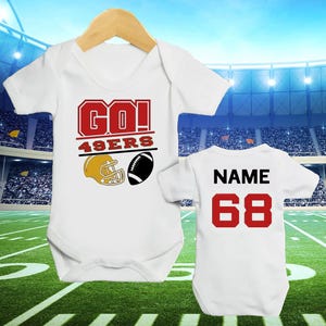 Personalized baby clothing, Cute and soft football inspired sleepsuit, personalized 49er football vest for babies or newborn, newborn gift.