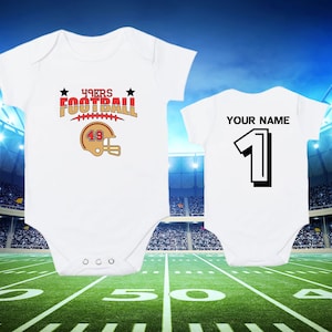 Personalized baby clothing, Cute and soft football inspired sleepsuit, personalized 49er football vest for babies or newborn, newborn gift.