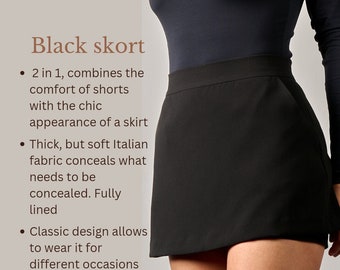 Black skort / Mini skirt / date night dinner date / stylish modern sophisticated / feminine silhouette modern women