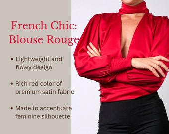 Red blouse / Plunging neckline with a bow / V-neck long sleeve open back / blouses for women with a bow / Backless Halter blouse