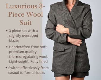 3 piece wool women's suit / INNA Tweed Business Casual set suits / Brown Grey blazer short waistcoat/vest