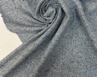 Italian Wool Tweed Fabric Grey Blue Textured Weave
