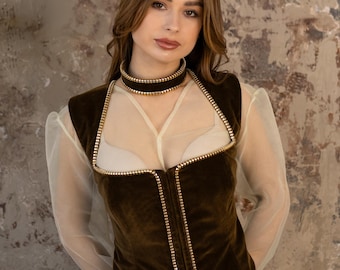 Premium Velour Dirndl Bodice Khaki Green Trachten Mieder with Gold Trim