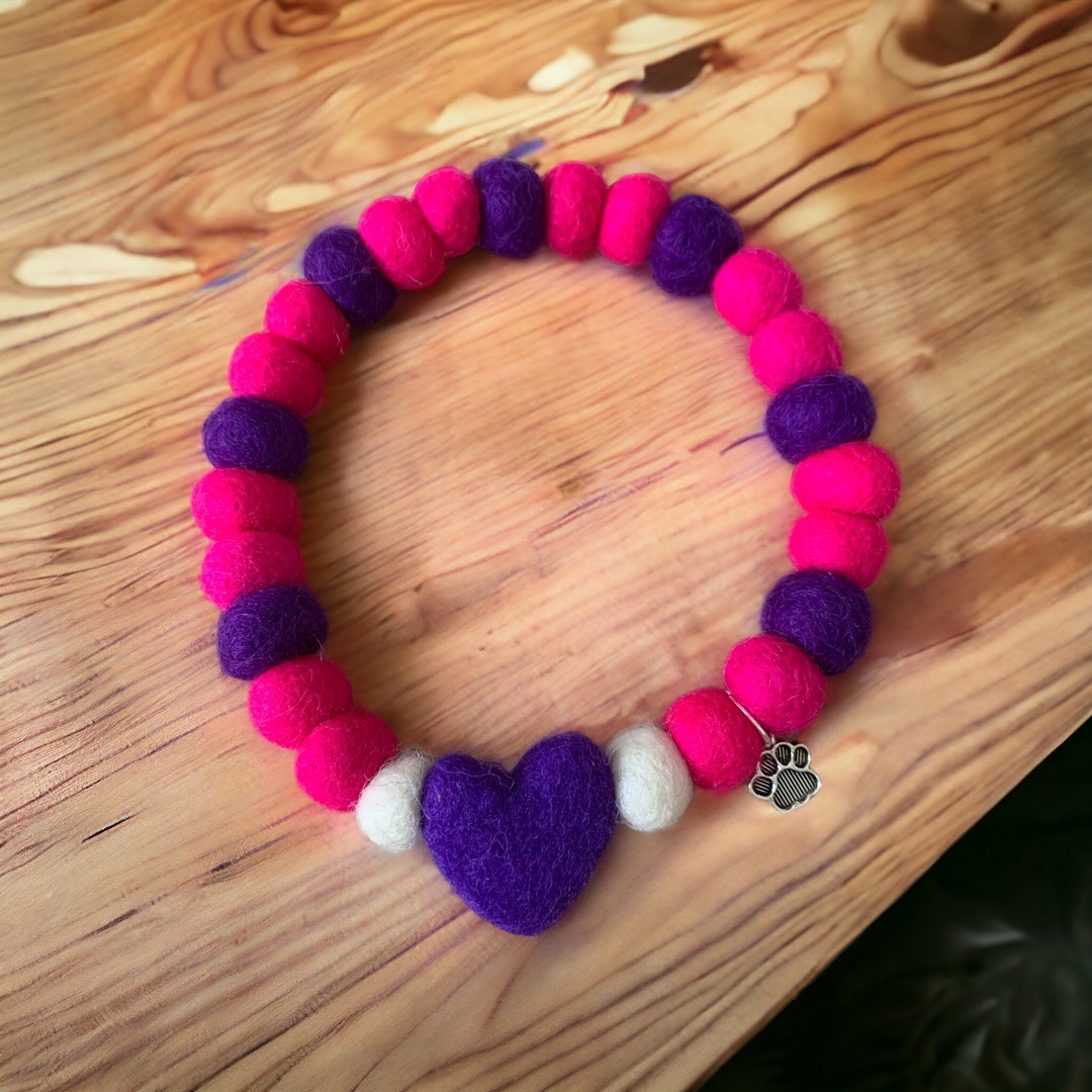 Pink and Purple Heart Dog Collar, Dog Collar, Pom Pom Dog Collar, Pet