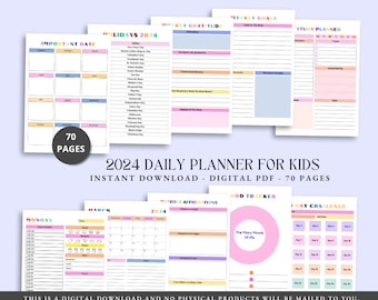 Può includere: Un planner giornaliero stampabile per bambini del 2024 con 70 pagine. Il planner include sezioni per date importanti, festività, obiettivi settimanali, gratitudine settimanale, planner di studio, affermazioni positive, tracker dei progressi e una sfida giornaliera. Il planner è progettato con un tema colorato e divertente.