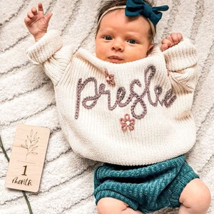 Hand Embroidered New Baby Sweatshirt, Personalized Baby Name Sweater, Comfort Colors Knitted Sweater, Customized Baby Girl Birthday Gifts