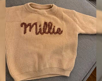 Hand Embroidered Baby Name Sweater, Personalized New Baby Knitted Sweater, Comfort Colors Toddler Sweatshirt, Customized Baby Shower Gifts