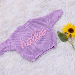 Personalized Baby Name Sweater, Hand Embroidered Knitted Sweater, Custom Colors Cute Baby Girl Sweatshirt, Customized Gift for Newborn Baby Purple