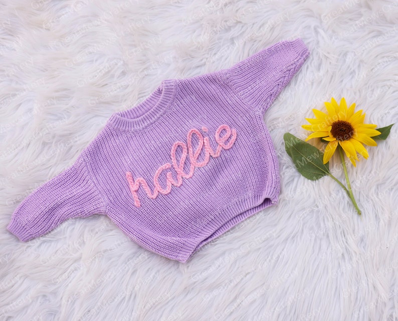 Personalized Baby Name Sweater, Hand Embroidered Knitted Sweater, Custom Colors Cute Baby Girl Sweatshirt, Customized Gift for Newborn Baby Purple