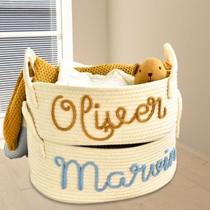 Embroidered Baby Name Basket, Personalized Baby Shower Gift Basket with Name, Toy Storage Nursery Decor Basket, Newborn Baby Birthday Gift