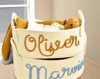 Embroidered Baby Name Basket, Personalized Baby Shower Gift Basket with Name, Toy Storage Nursery Decor Basket, Newborn Baby Birthday Gift