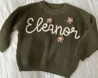 Hand Embroidered New Baby Sweatshirt, Personalized Baby Name Sweater, Comfort Colors Knitted Sweater, Customized Baby Girl Birthday Gifts