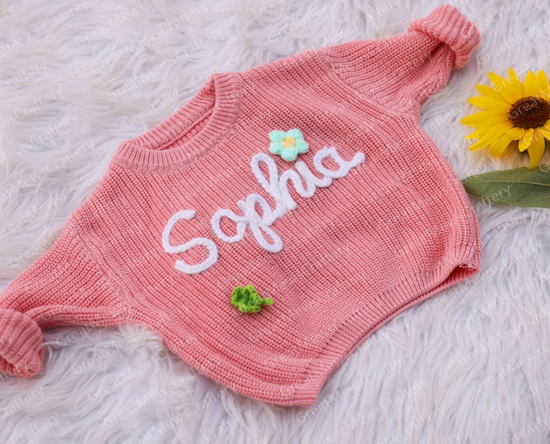 Personalized Baby Name Sweater, Hand Embroidered Knitted Sweater, Custom Colors Cute Baby Girl Sweatshirt, Customized Gift for Newborn Baby Pink