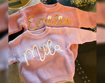 Personalized Baby Name Sweater, Hand-Embroidered Knitted Sweater, Comfort Colors Toddler Sweater, Customized Sweater for Baby Shower Gifts