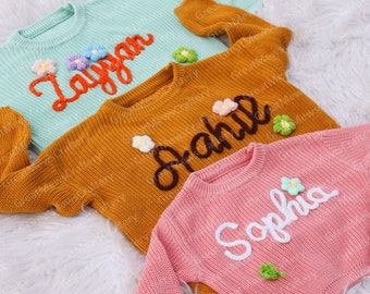 Personalized Baby Name Sweater, Hand Embroidered Knitted Sweater, Custom Colors Cute Baby Girl Sweatshirt, Customized Gift for Newborn Baby