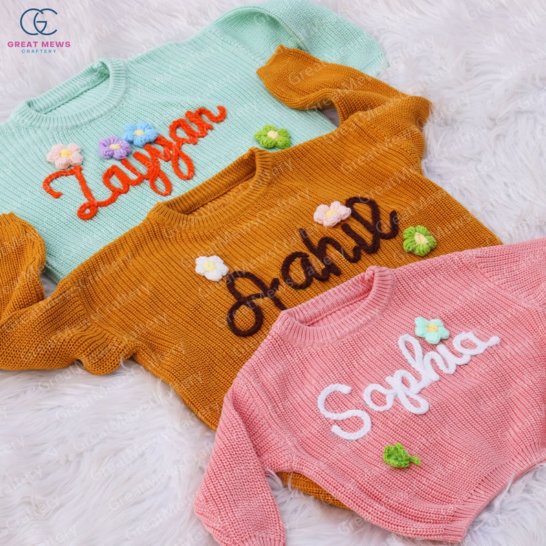 Personalized Baby Name Sweater, Hand Embroidered Knitted Sweater, Custom Colors Cute Baby Girl Sweatshirt, Customized Gift for Newborn Baby image 1