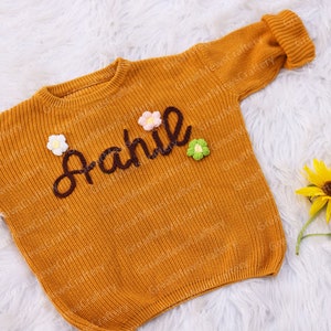 Personalized Baby Name Sweater, Hand Embroidered Knitted Sweater, Custom Colors Cute Baby Girl Sweatshirt, Customized Gift for Newborn Baby Dark Beige