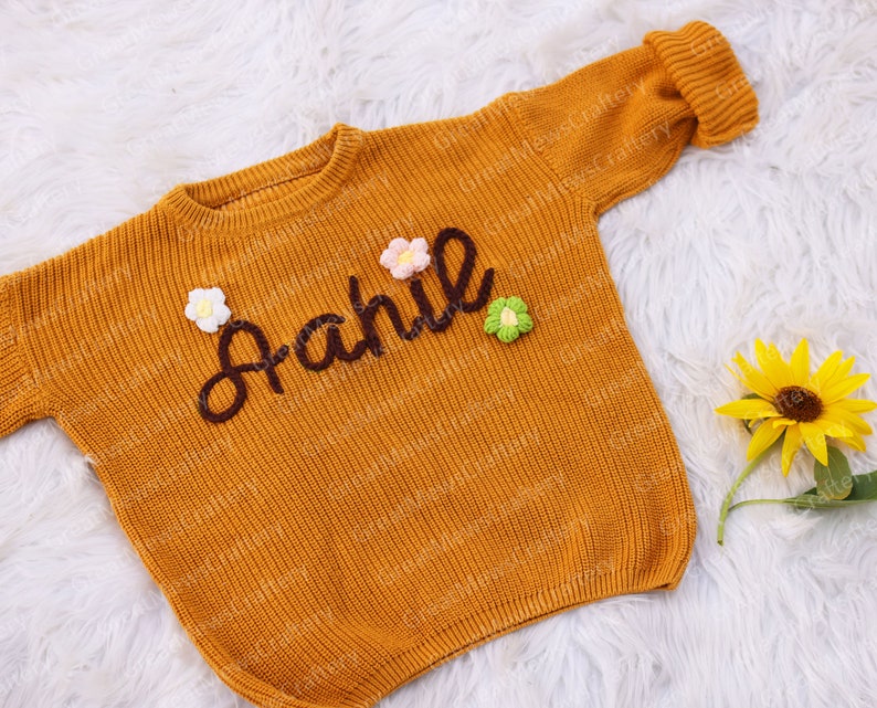 Personalized Baby Name Sweater, Hand Embroidered Knitted Sweater, Custom Colors Cute Baby Girl Sweatshirt, Customized Gift for Newborn Baby Dark Beige