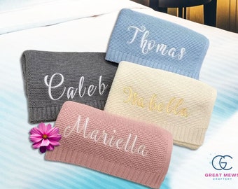 Embroidered Baby Name Blanket with Date, Personalized Knitted Newborn Baby Blanket, Comfort Colors Stroller Blanket, New Baby Bedding Gifts