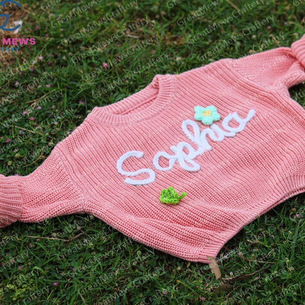 Hand Embroidered New Baby Sweatshirt, Personalized Baby Name Sweater, Comfort Colors Knitted Sweater, Customized Baby Girl Birthday Gifts