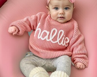 Personalisierter bestickter Baby-Pullover, niedlicher Baby-Strickpullover mit Namen, individuelles Kleinkind-Sweatshirt, einzigartiges Geschenk für Neugeborene