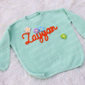 Personalized Baby Name Sweater, Hand Embroidered Knitted Sweater, Custom Colors Cute Baby Girl Sweatshirt, Customized Gift for Newborn Baby Light Green