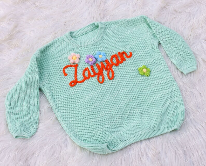 Personalized Baby Name Sweater, Hand Embroidered Knitted Sweater, Custom Colors Cute Baby Girl Sweatshirt, Customized Gift for Newborn Baby Light Green