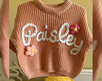 Custom Baby Name Knitted Sweater, Personalized Hand Embroidered Sweater, Comfy Colors New Baby Sweater, Baby Girls Sweater for Birthday Gift