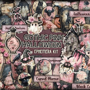 Carta effimera stampabile di Halloween, etichette per buste fussycut, scheletro di Halloween rosa, clipart, componente aggiuntivo per la stampa di un diario gotico, materiale digitale