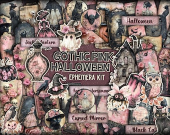 May include: A digital collage kit with a gothic pink Halloween theme. The kit includes images of a black cat, a haunted house, a jack-o-lantern, a witch's hat, a spider, a ghost, a skull, a bottle of potion, and more. The text "Gothic Pink Halloween Ephemera Kit" is included in the image.