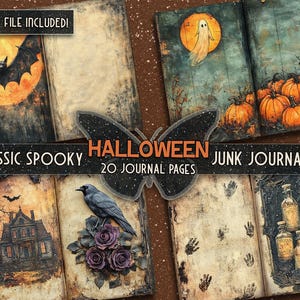 May include: A Halloween junk journal kit with 20 pages. The pages feature spooky images, including a bat, a ghost, pumpkins, a crow, and a haunted house. The kit includes JPG and PDF files.