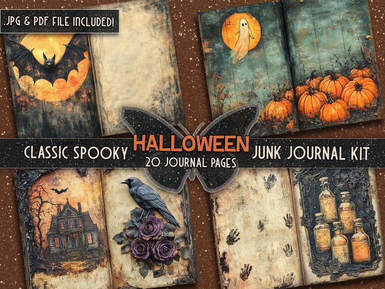 May include: A Halloween junk journal kit with 20 pages. The pages feature spooky images, including a bat, a ghost, pumpkins, a crow, and a haunted house. The kit includes JPG and PDF files.