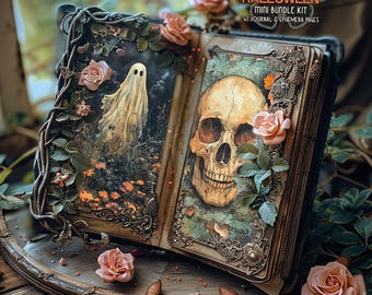 May include: An open book with a skull and a ghost illustration on the pages. The book is decorated with roses and vines. The book is titled "Classic Spooky Halloween Mini Bundle Kit 41 Journal & Ephemera Pages".