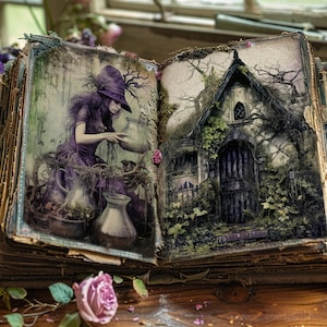 May include: An open antique book with a purple-clad woman brewing a potion on the left page and a mossy overgrown cottage on the right page.