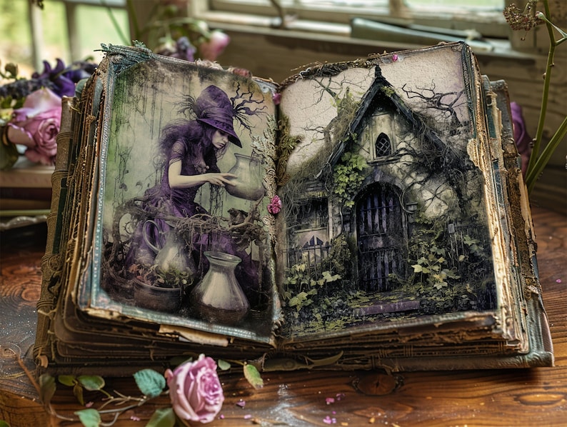 May include: An open antique book with a purple-clad woman brewing a potion on the left page and a mossy overgrown cottage on the right page.