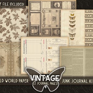 May include: A vintage junk journal kit with 22 pages. The kit includes a variety of papers, including old world paper, guest checks, and a page with butterflies. The text "OLD WORLD PAPER VINTAGE JUNK JOURNAL KIT 22 JOURNAL PAGES!" is printed on the bottom of the image.