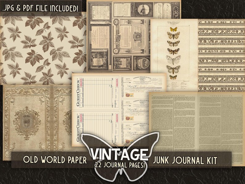 May include: A vintage junk journal kit with 22 pages. The kit includes a variety of papers, including old world paper, guest checks, and a page with butterflies. The text "OLD WORLD PAPER VINTAGE JUNK JOURNAL KIT 22 JOURNAL PAGES!" is printed on the bottom of the image.